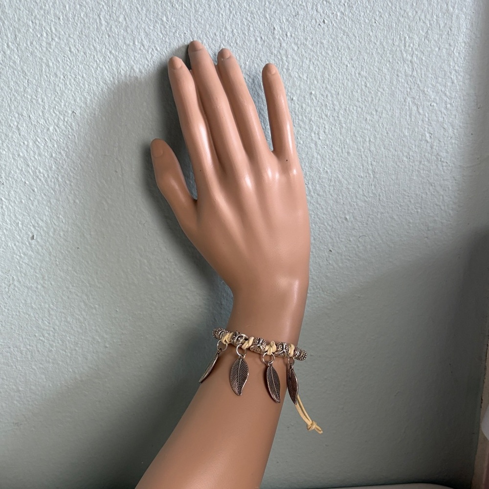 Rawhide Adjustable Women’s Silver Leaf and Owl Bead Bracelet